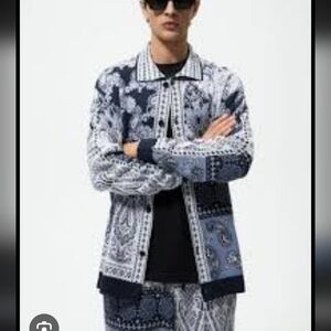 Zara Mens Knit Paisley Navy/blue Buttoned Cardigan New